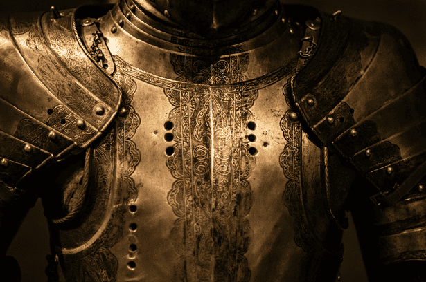 This image shows an armor depicting the symbols of Ares
